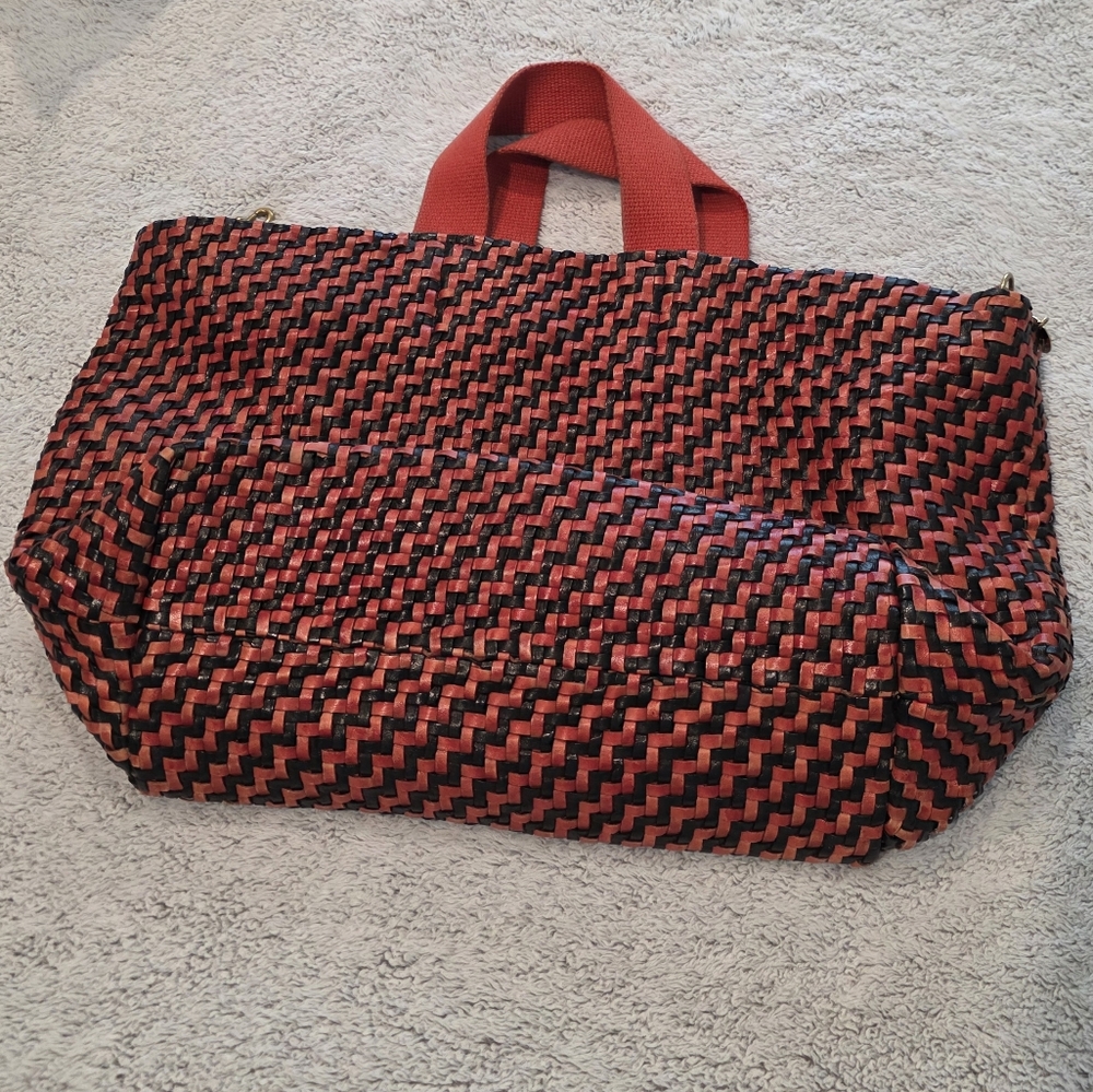 Clare V Red and Black Leather Woven Tote Bag